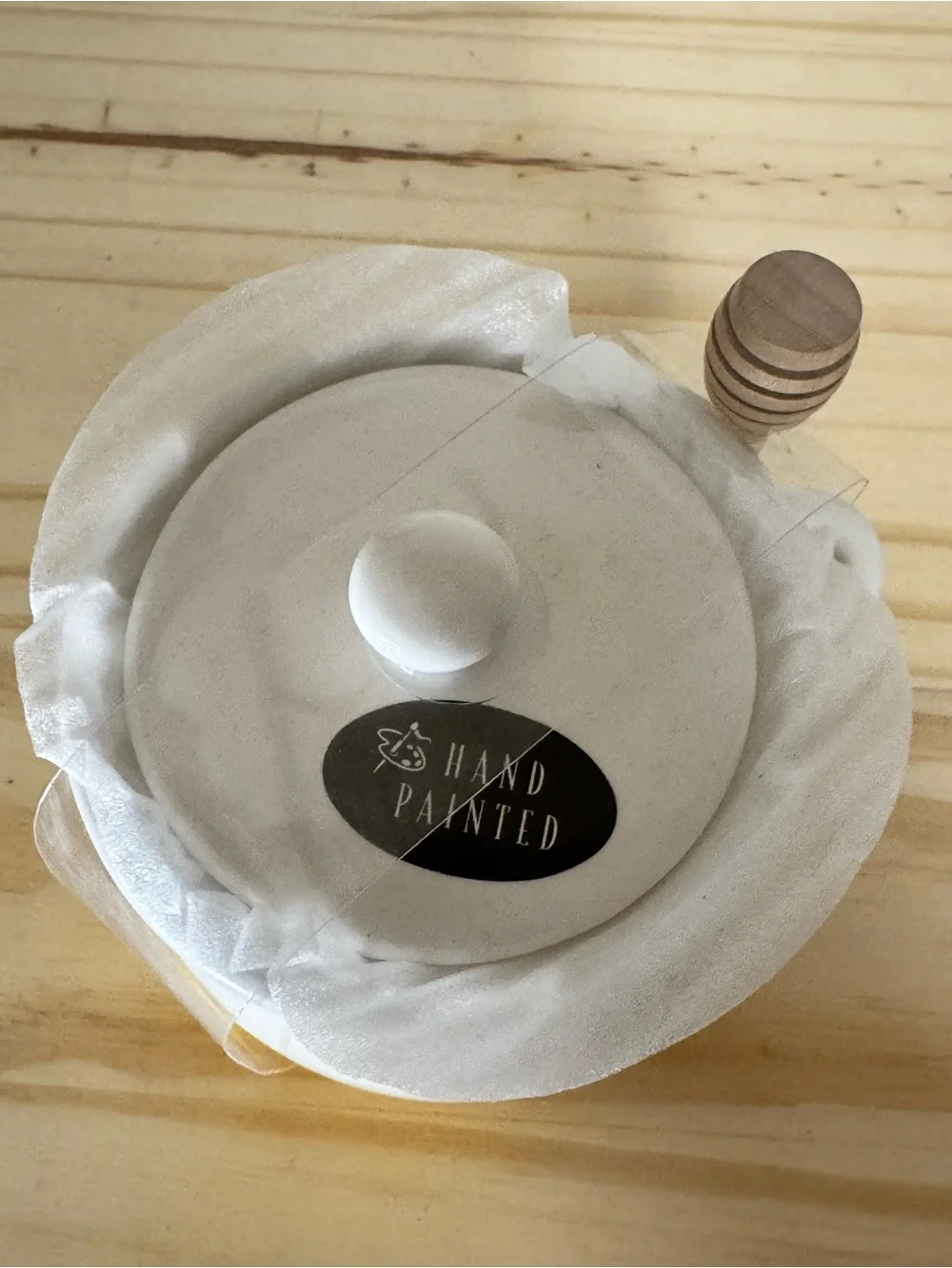 Hand-Painted Ceramic Honey Jar with Lid & Dipper — White with Yellow Accent